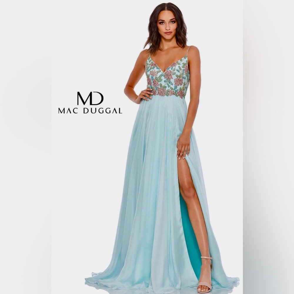 NWT MAC DUGGAL BEADED FLORAL BODICE THIGH SPLIT EVENING PROM GOWN AQUA 10 $650